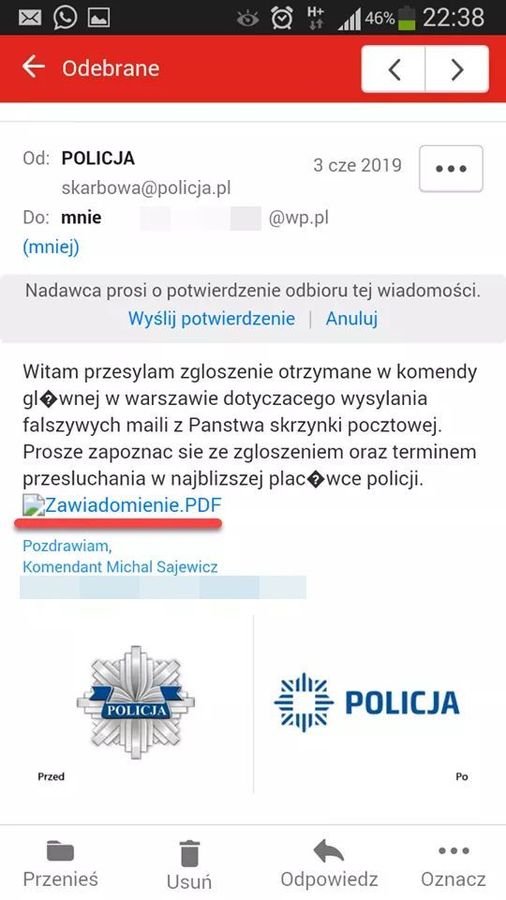 Przykładowa fałszywa wiadomość przesłana przez oszustów podających się za policjantów