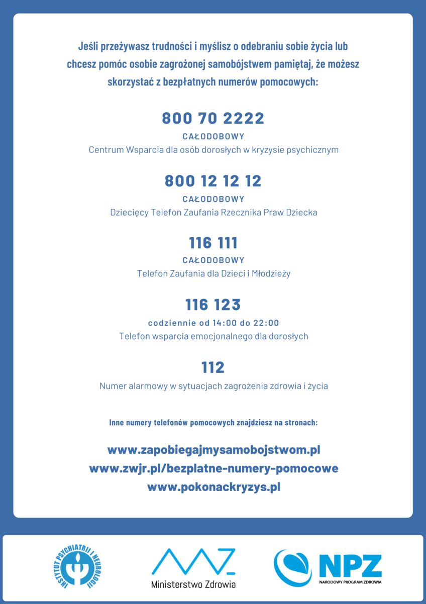 ulotka z numerami telefonów do instytucji i organizacji pomocowych