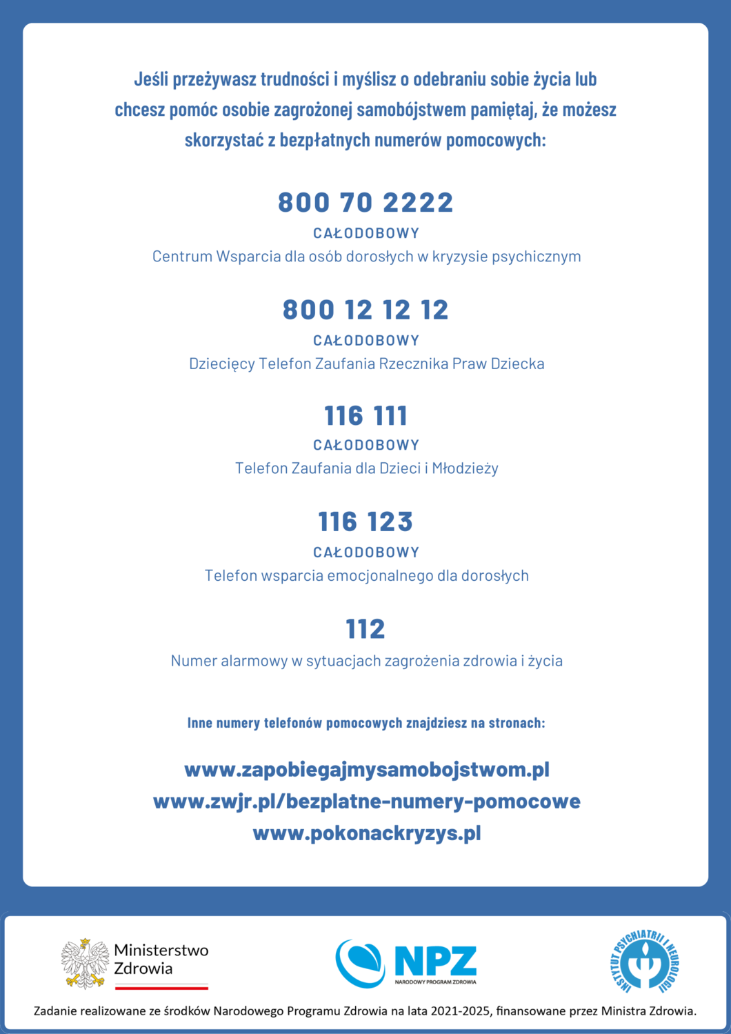 plakat z numerami telefonów do instytucji pomocowych