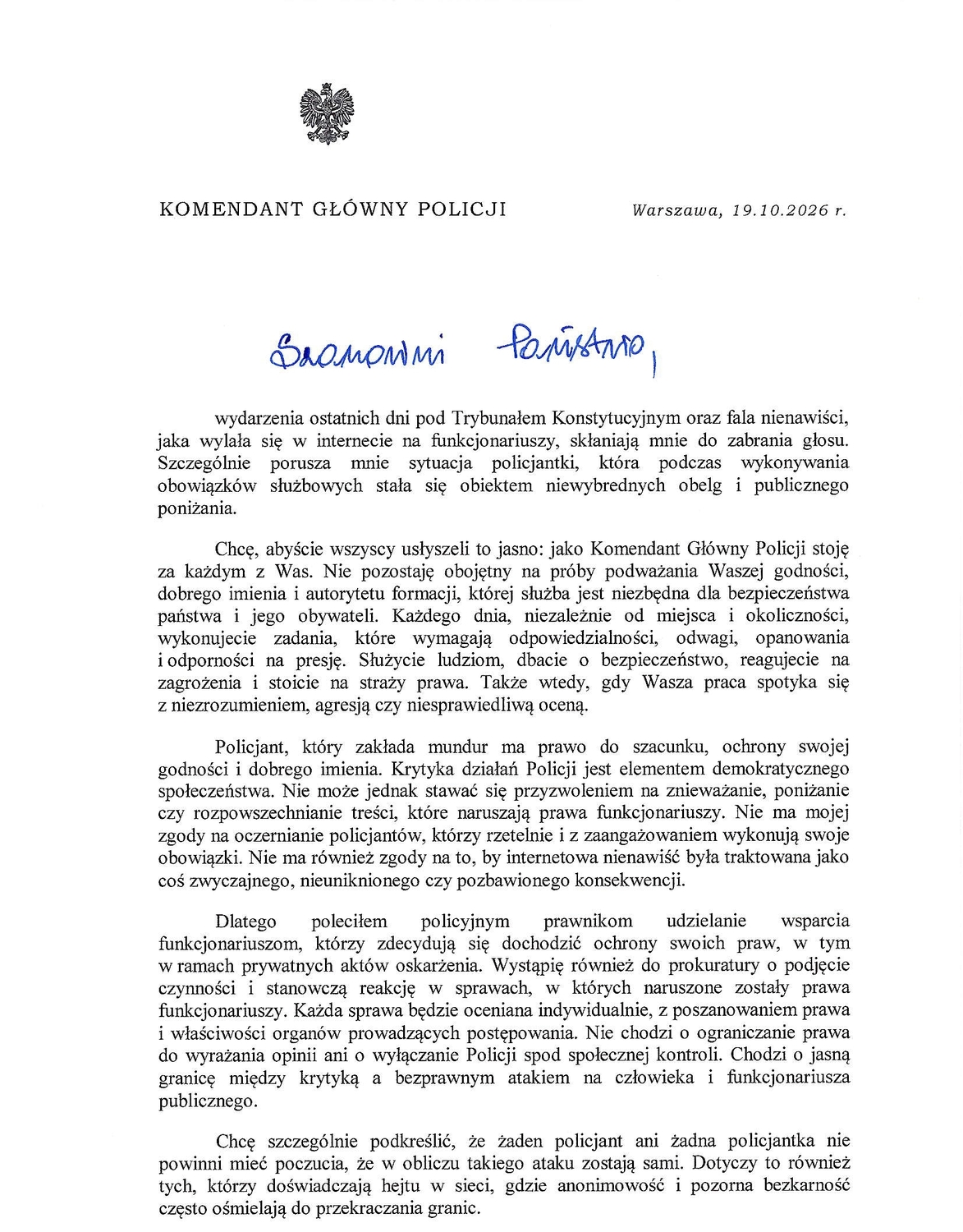 List Komendanta Głównego Policji do policjantek i policjantów w związku z ostatnimi wydarzeniami