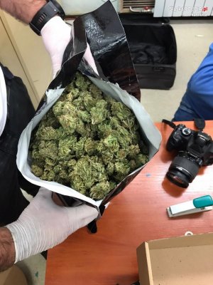 policjant trzyma zabezpieczoną marihuanę w foliowym worku