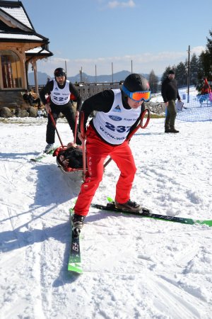 grupa zawodników na stoku narciarskim