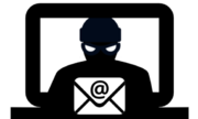 grafika poglądowa w kolorze czarnym, przedstawia mężczyznę siedzącego przed ekranem laptopa i symbol poczty elektronicznej