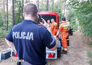 Strażacy i policjanci w lesie podczas poszukiwań zaginionej osoby