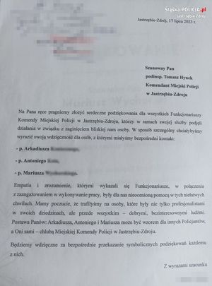 Zdjęcie przedstawiające treść podziękowań złożonych na ręce Komendanta Miejskiego Policji w Jastrzębiu- Zdroju