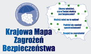 Logo Krajowej Mapy Zagrożeń Bezpieczeństwa, po prawej konturowa mapa Polski z hasałmi.