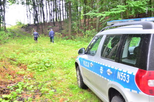 policjanci podczas poszukiwań na zalesionym terenie, po prawej stronie fragment radiowozu policyjnego