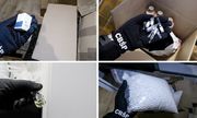 Kolaż z 4 zdjęć. Policjant trzyma różne rodzaje sfałszowanych leków
