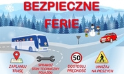 Grafika przedstawia zimowy krajobraz - w głębi góry i las, na pierwszym planie autobus na drodze i samochód osobowy, na górze napis Bezpieczne wakacje