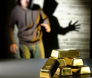 Zdjęcie poglądowe. Na pierwszym planie widoczne ułożone sztabki złota, w tle widoczna zamazana postać i jej cień na ścianie, która wyciąga rękę po sztabki.