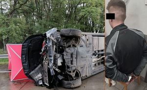Kolaż zdjęć, na których widać zatrzymanego mężczyznę oraz rozbity bus