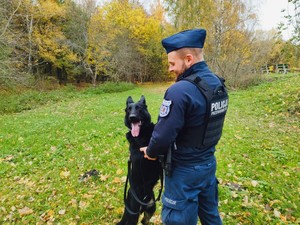 Pies policyjny stoi na dwóch łapach i przednimi opiera się o swojego przewodnika