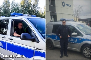 kolaż dwóch zdjęć: policjant w radiowozie i przed radiowozem
