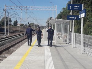 dwóch funkcjonariuszy i funkcjonariusz Straży Ochrony Kolei wspólnie patrolują peron