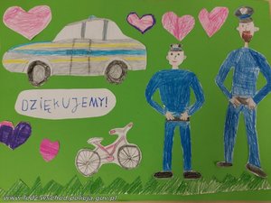 Na zielonym tle rysunki dwóch policjantów, radiowozu, czerwonych serduszek i napis Dziękujemy