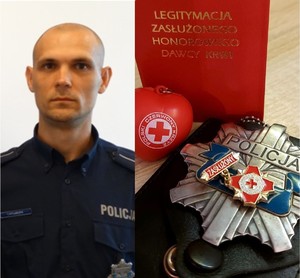 st. asp. Tomasz Pytlarczyk i odznaka Honorowego dawcy krwi