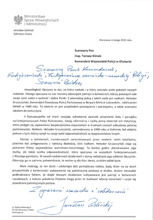 List Sekretarza Stanu w MSWiA Jarosława Zielińskiego