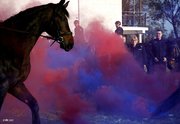 Zdjęcie przedstawia mł. insp Anne Przybylską z CLKP oraz konia policyjnego na tle czerwonego dymu.