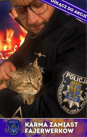 Zdjęcie przedstawia policjanta, trzymającego w rękach kota.