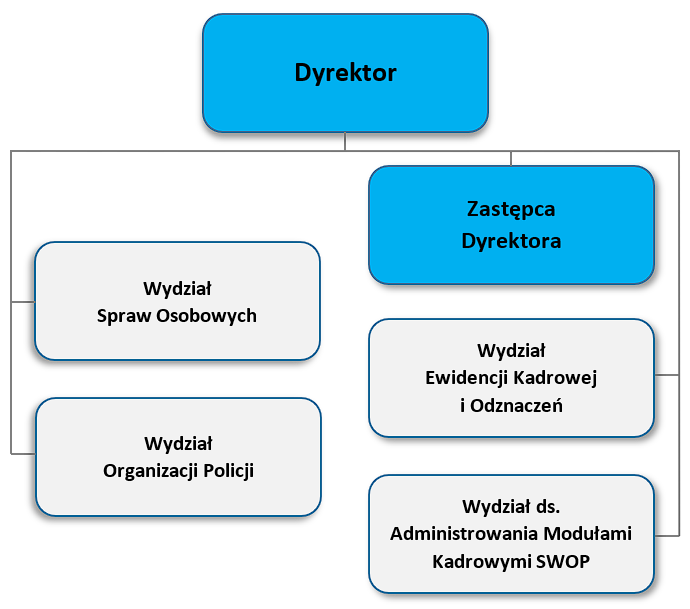 Schemat organizacyjny Biura Kadr i Organizacji Policji, opis tekstowy poniżej.