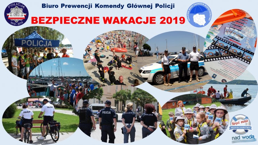 Kolaż zdjęć przedstawiający działania Policji na rzecz bezpieczeństwa w okresie wakacji