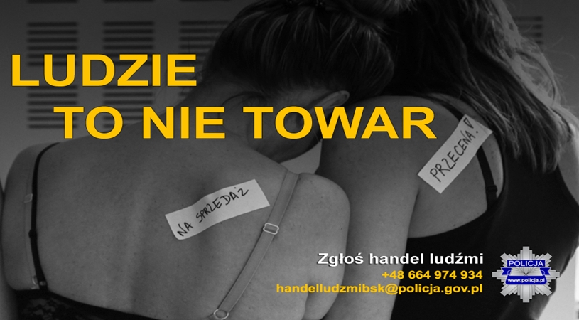 NAPIS LUDZIE TO NIE TOWAR zgłoś handel ludżmi w tle dwie kobiety