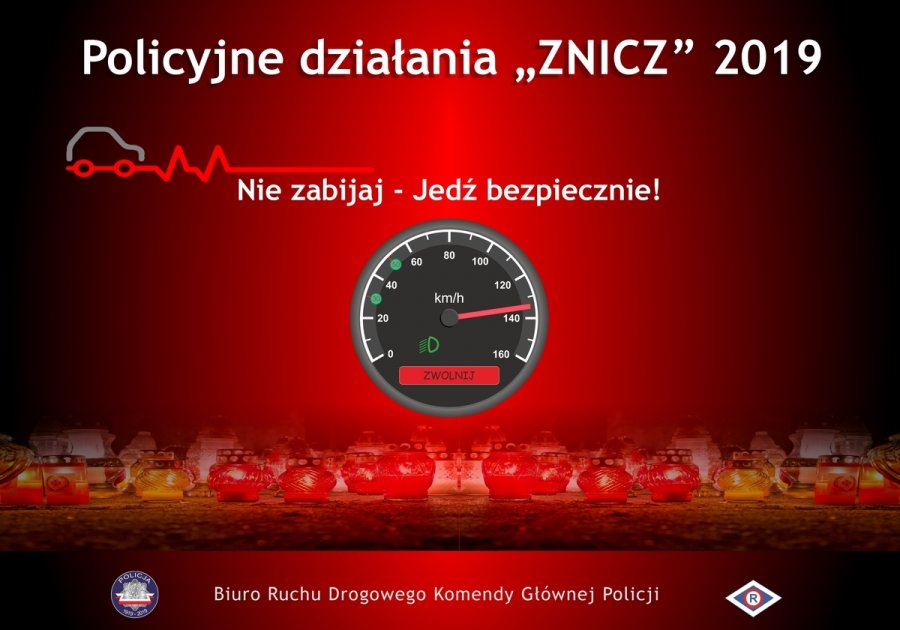 plakat z napisem policyjne działania znicz 2019 nie zabijaj jedź bezpiecznie. Grafika przedstawiająca stylizowany licznik samochodowy. Na dole napis Biuro Ruchu Drogowego Komendy Głównej Policji