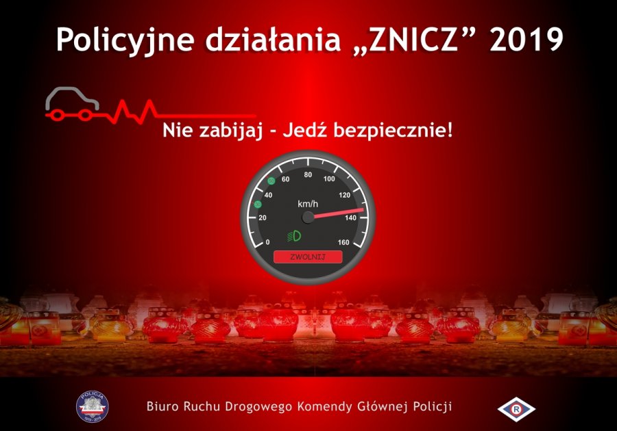 plakat z napisem policyjne działania znicz 2019 nie zabijaj jedź bezpiecznie. Grafika przedstawiająca stylizowany licznik samochodowy. Na dole napis Biuro Ruchu Drogowego Komendy Głównej Policji