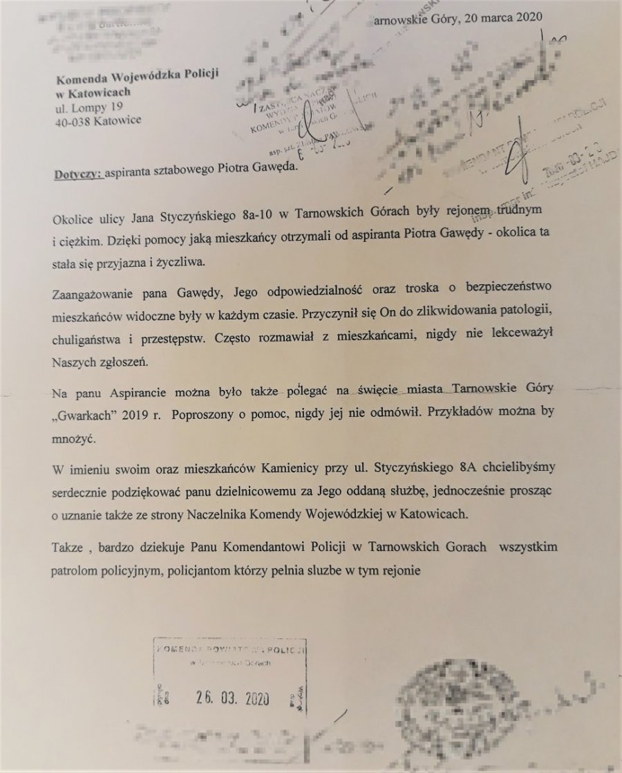 pismo z podziękowaniami dla policjanta, ktore wpłynęły do Komendy Wojewódzkiej Policji w Katowicach