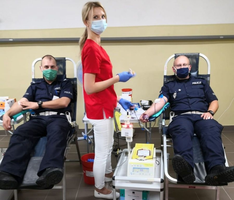 Dwaj policjanci oddający krew oraz pielęgniarka.
