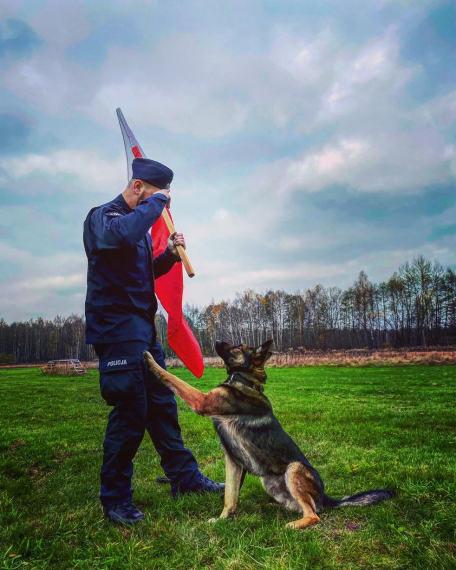 Na zdjęciu widać st. sierż. Kamila Kubicę, który trzyma w ręku biało-czerwoną flagę i oddaje honor. Obok niego znajduje się pies Otok, który opiera łapę na nodze policjanta