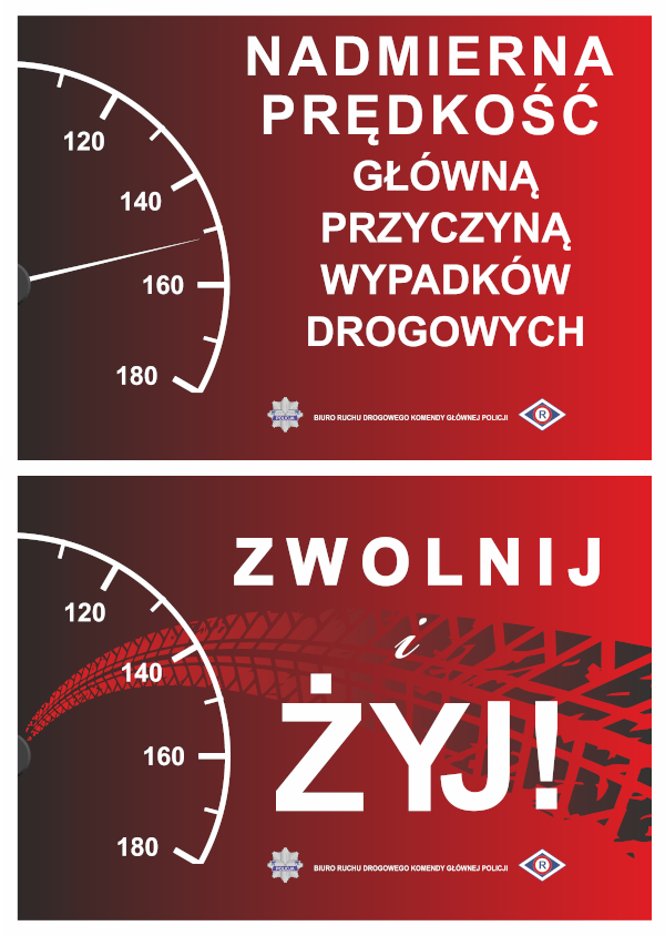 grafika przedstawia licznik samochodowy i napis: Nadmierna prędkość główną przyczyną wypadków drogowych. Zwolnij i żyj!