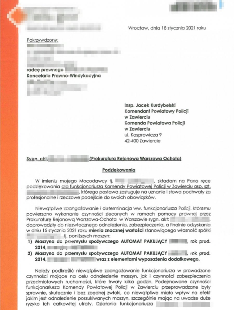 skan podziękowań, treść dostępna cyfrowa w załączniku