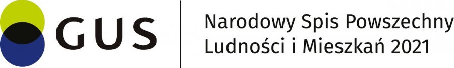 logo Narodowego Spisu Ludności, kółko seledynowe i granatowe, napis GUS i napis: Narodowy Spis Powszechny Ludności i Mieszkań 2021