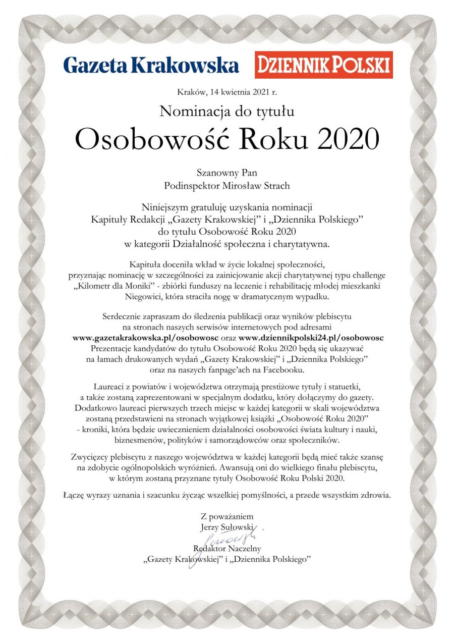 nominacja dla Komendanta Powiatowego Policji w Wieliczce. Treść dostępna cyfrowo w załączniku.