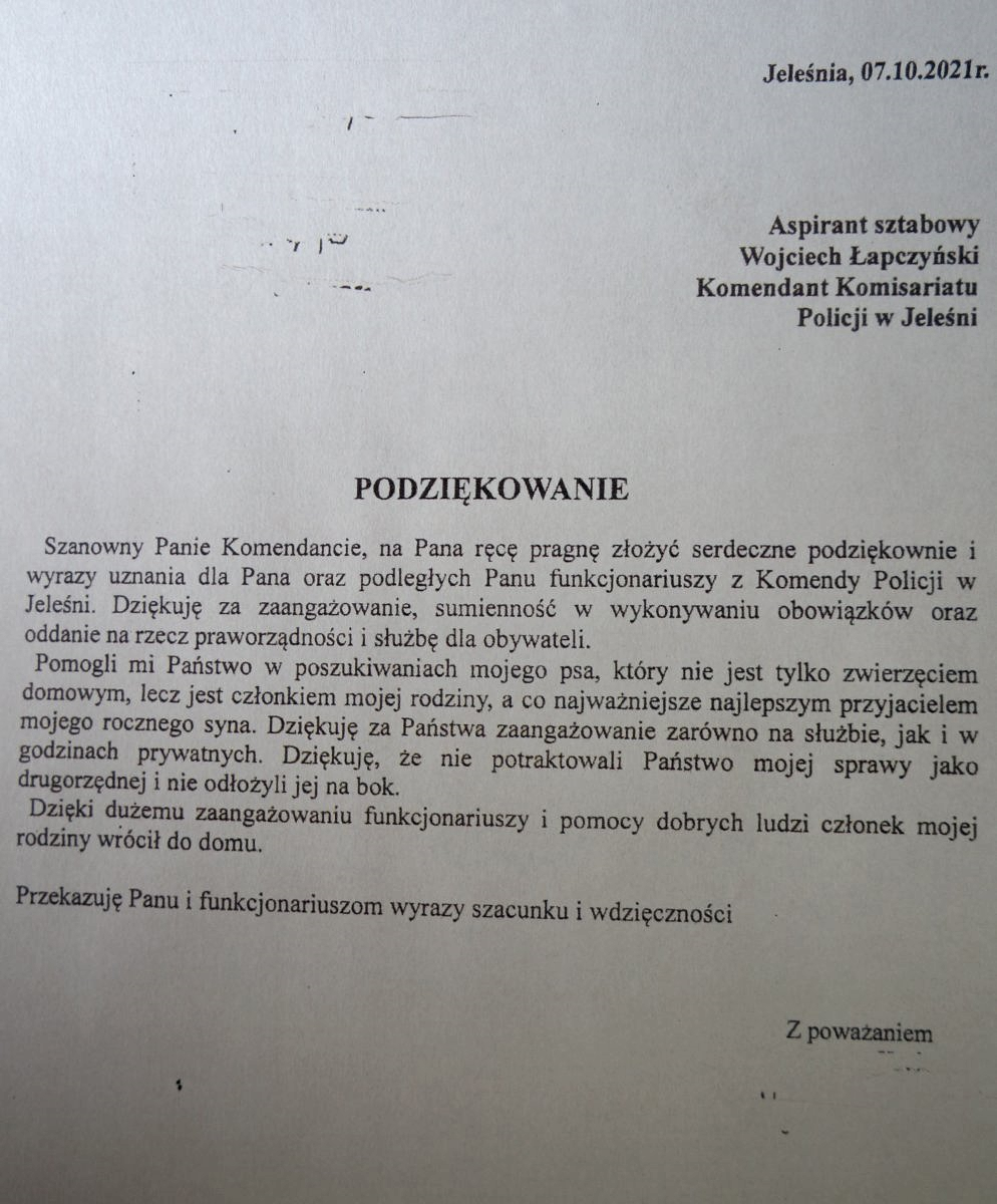 zdjęcie podziekowań, treść dostępna w załączniku