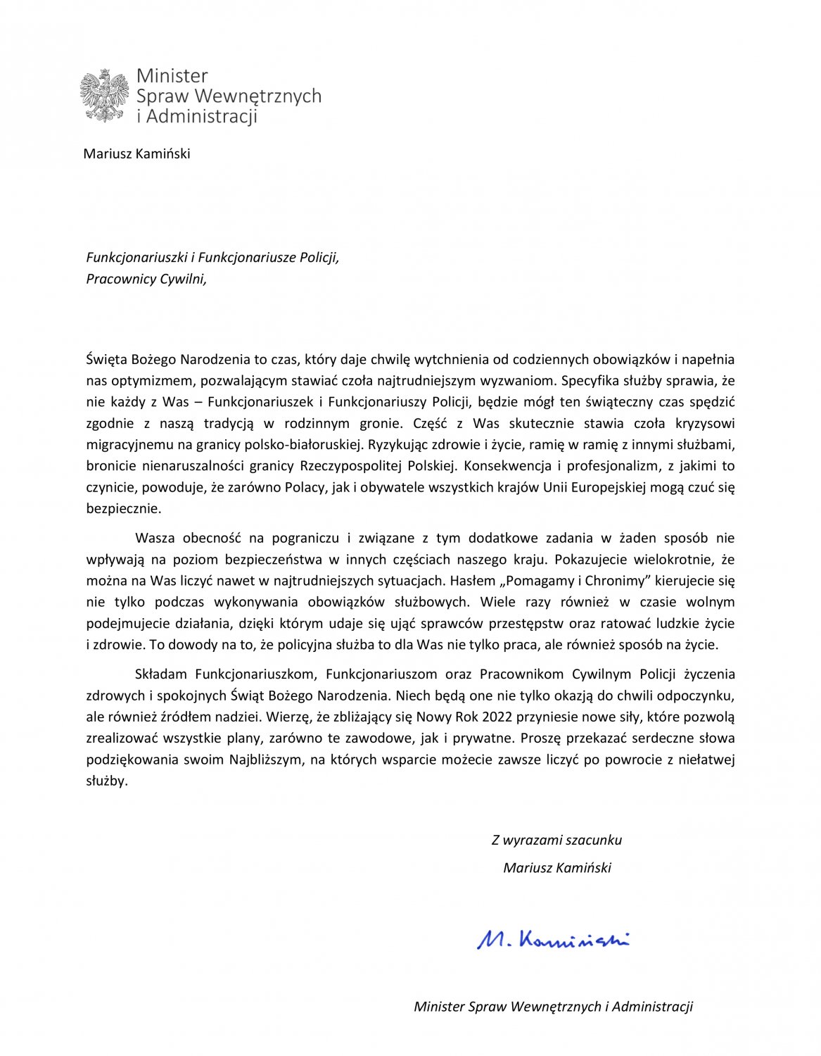 Zdjęcie listu ministra spraw wewnętrznych i administracji, wersja dostępna cyfrowo w załączniku poniżej.