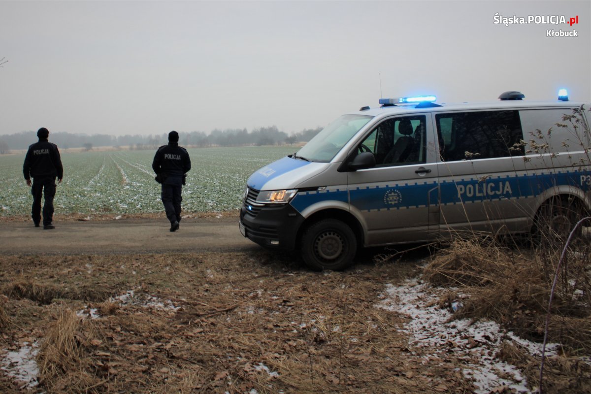 radiowóz policyjny, w tle umundurowani policjanci na polu w trakcie akcji poszukiwawczej 