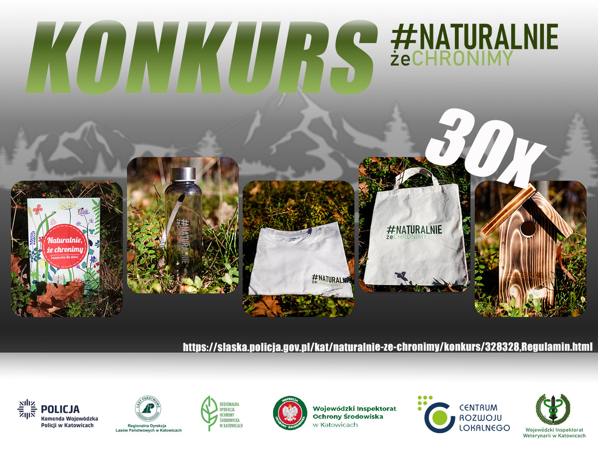 Plakat konkursu #naturalnie, że chronimy. Podany adres internetowy do regulaminu konkursu oraz loga instytucji tworzących projekt, które wymienione są w komunikacie. Plakat przedstawia zdjęcia nagród na tle przyrody.