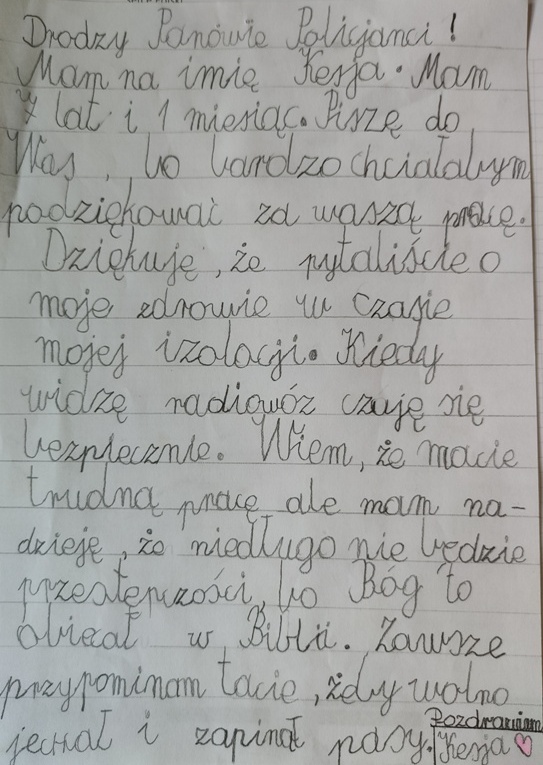 List z podziekowaniami od 7-letniej dziewczynki, który otrzymali policjanci. Treśc listu opisana jest w tekście.