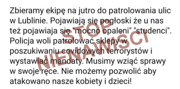 zdjęcie jednego z wpisów z internetu nawołującego do nienawiści