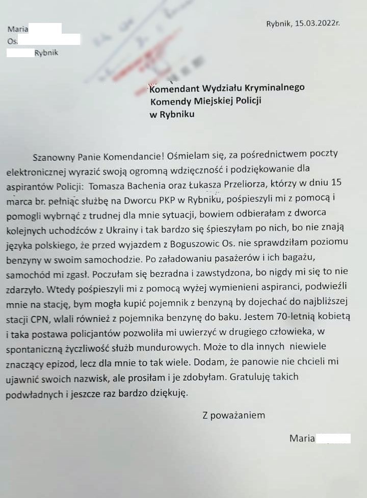 podziękowania dla policjantów 