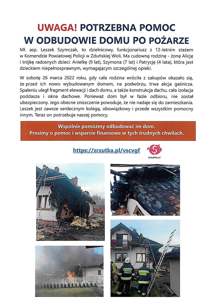 kolaż zdjęć z akcji gaśniczej z prośbą o pomoc