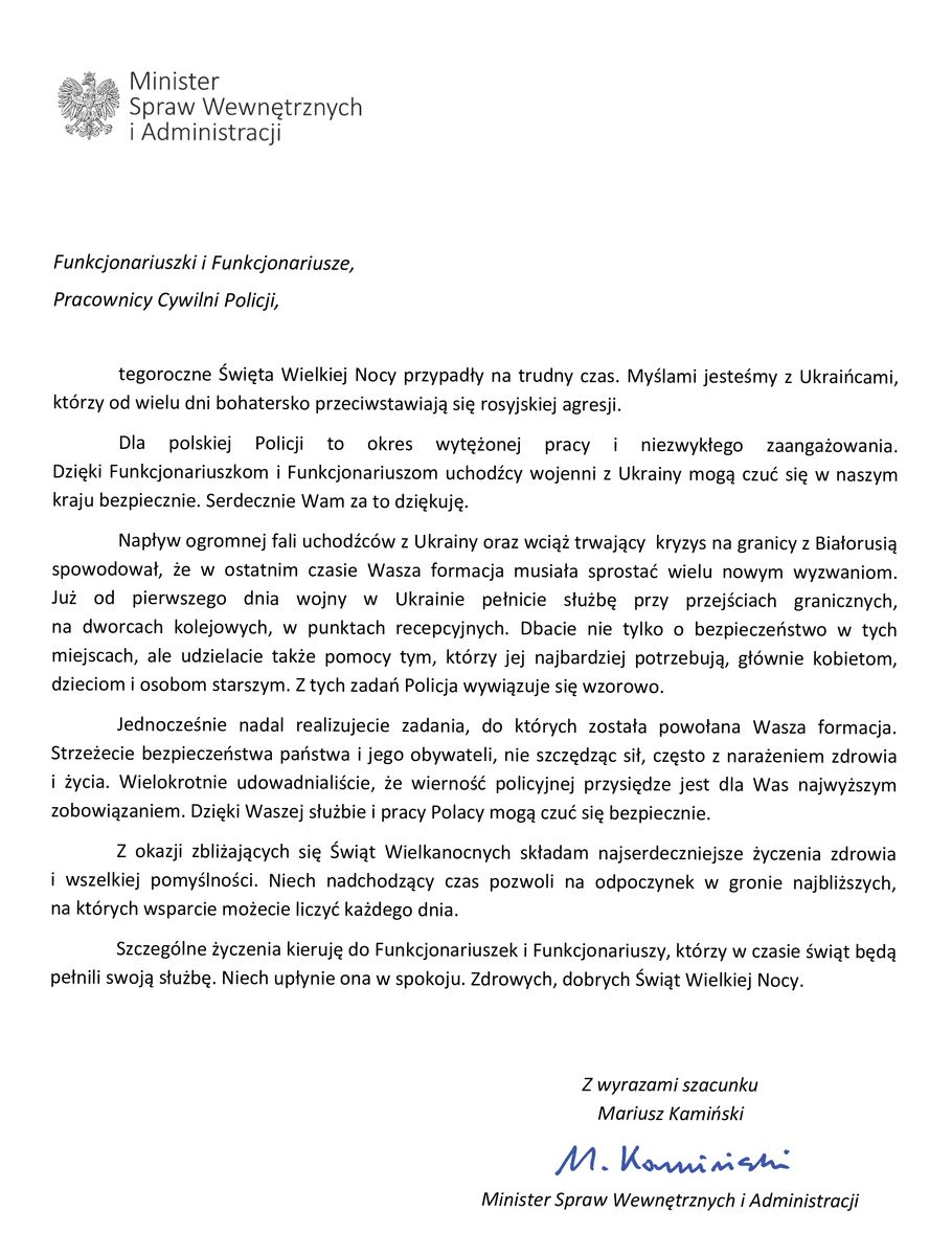 Skan życzeń od Ministra Spraw Wewnętrznych i Administracji - tekst dostępny cyfrowo poniżej
