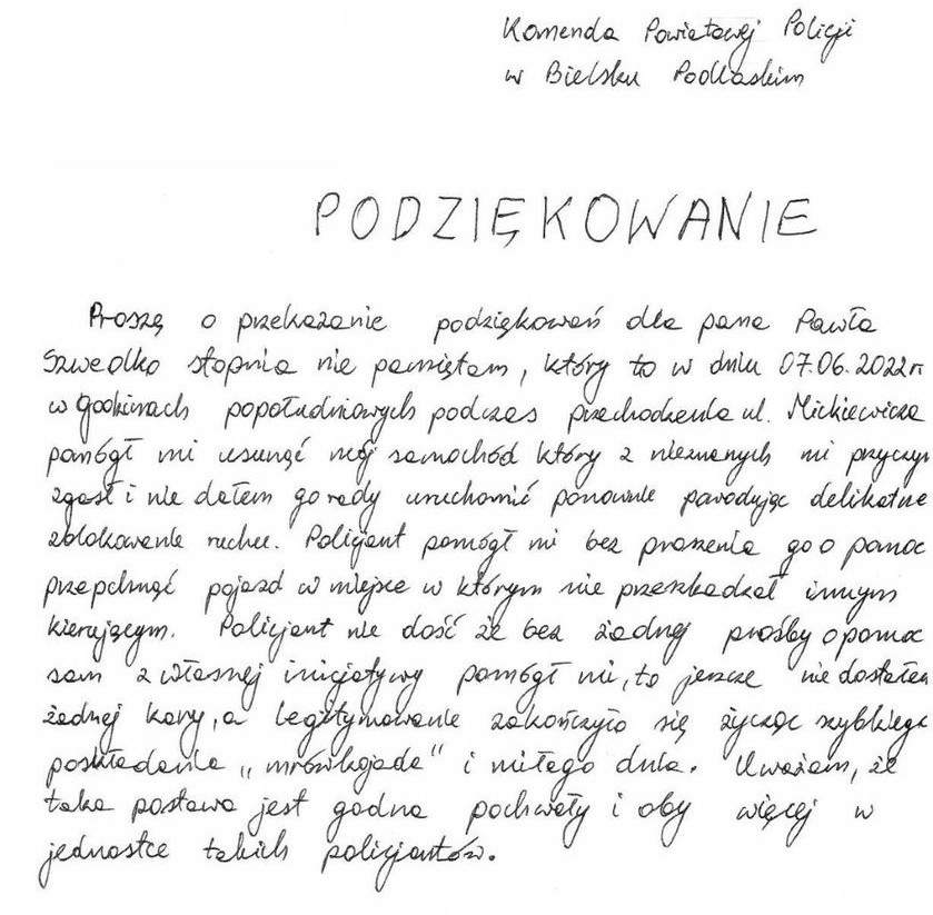 list z podziękowaniami za pomoc dla policjanta