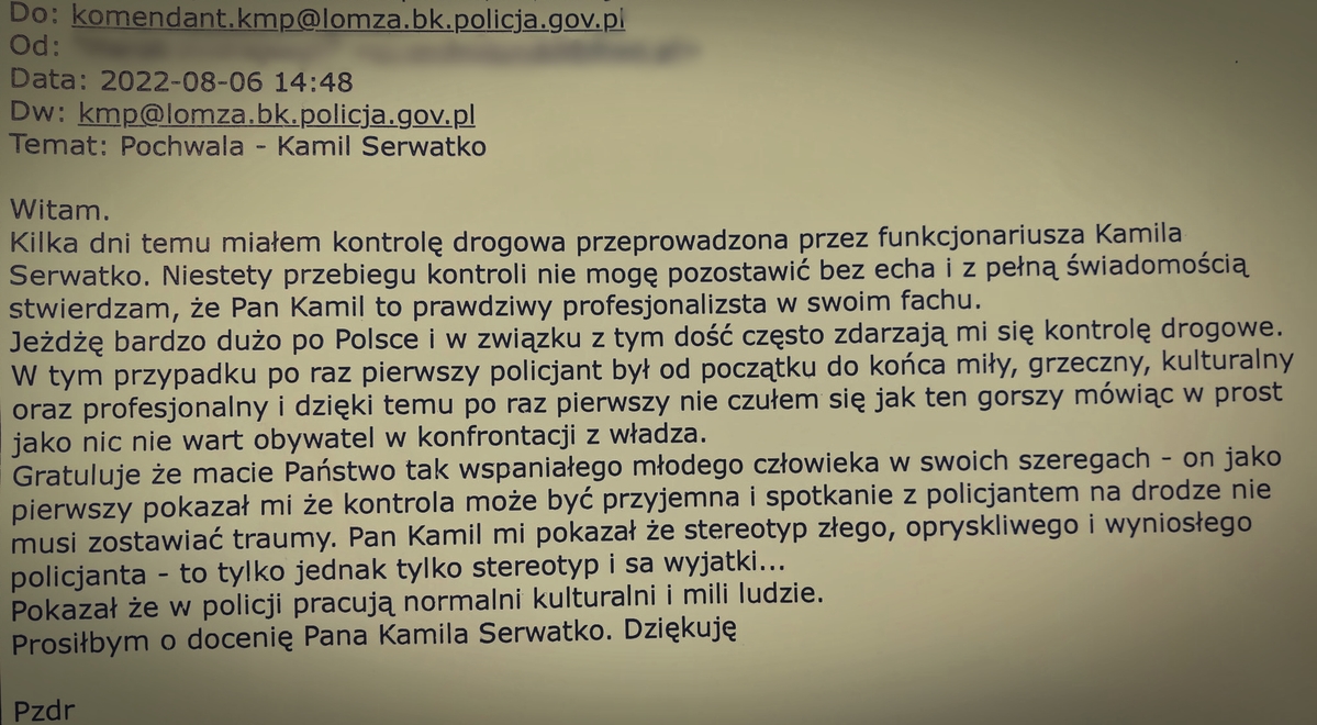 zdjęcie podziękowań dla policjantów, treść dostępna cyfrowo w załączniku