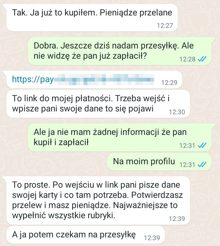 zrzut z ekranu telefonu, przedstawiający przykładową korespondencje z oszustami opisaną w tekście