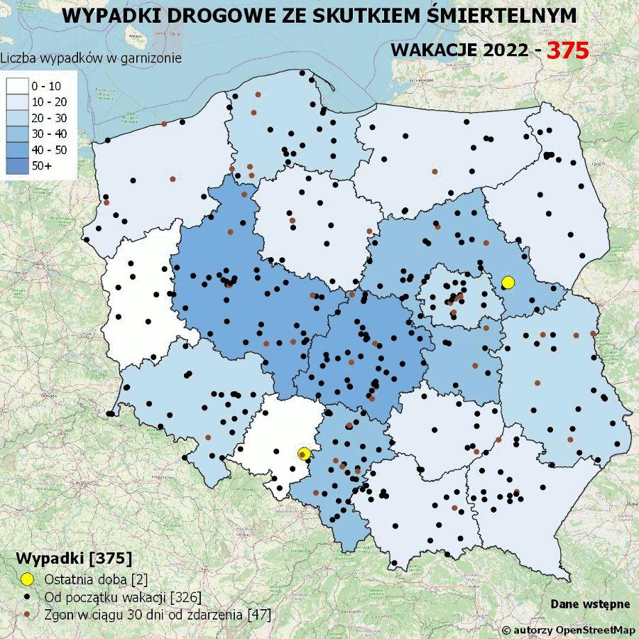 Mapa wypadków drogowych ze skutkiem śmiertelnym