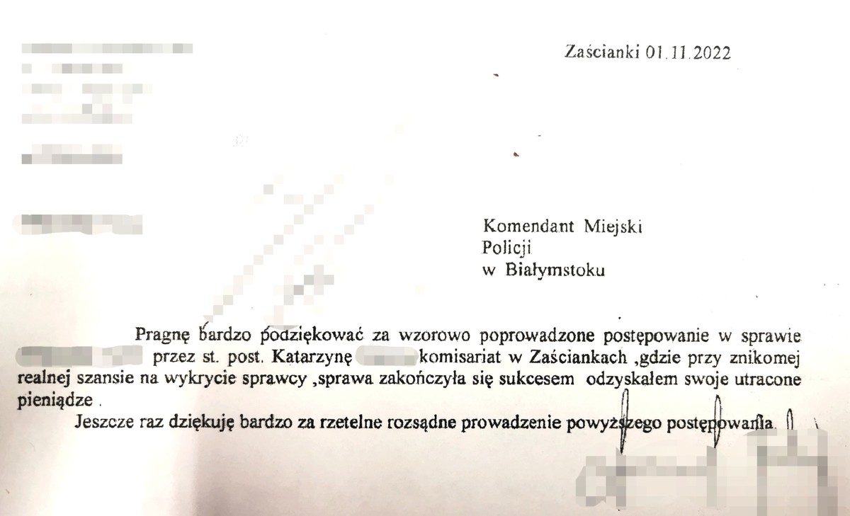 zdjęcie podziękowań dla policjantki, deskrypcja w załączniku