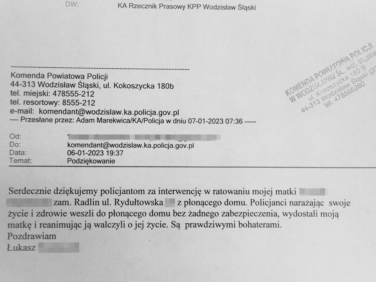 Podziękowania, których treść zamieszczona jest pod tekstem